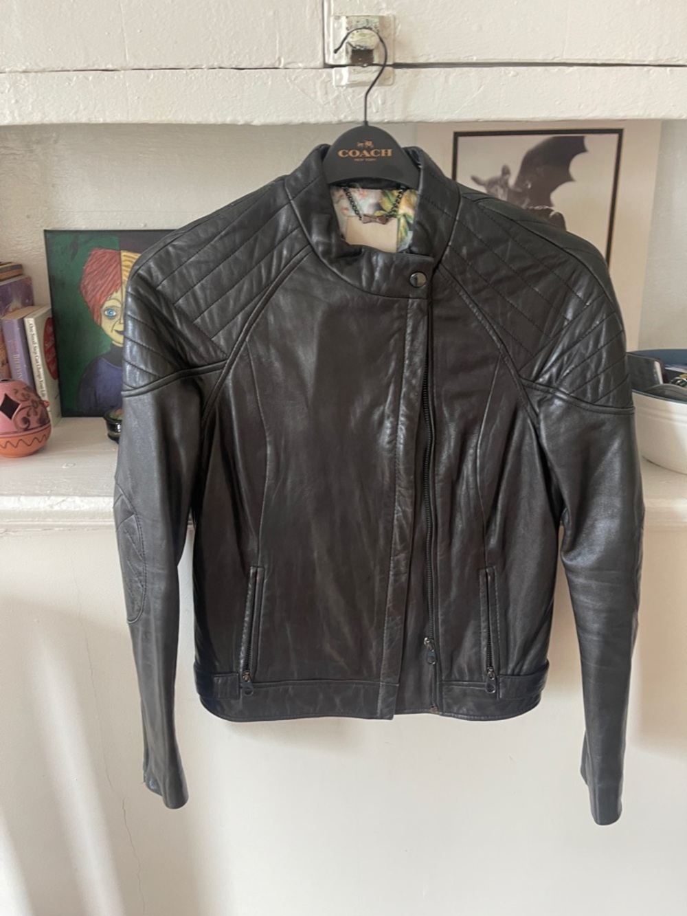 Ted Baker Vintage 00s Black Quilted Leather Moto Jacket